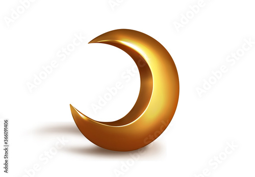 Metallic golden 3d half month. Crescent decor element for Ramadan Kareem celebration. vector isolated object.