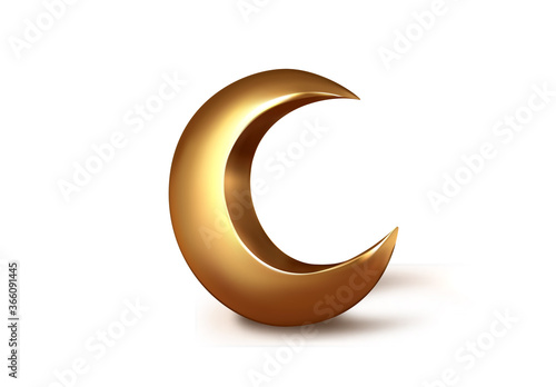 Metallic golden 3d half month. Crescent decor element for Ramadan Kareem celebration. vector isolated object.