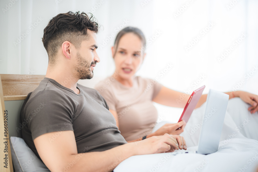 handsome man working from home with laptop, business freelancer concept handsome man working from home with laptop, business freelancer concept