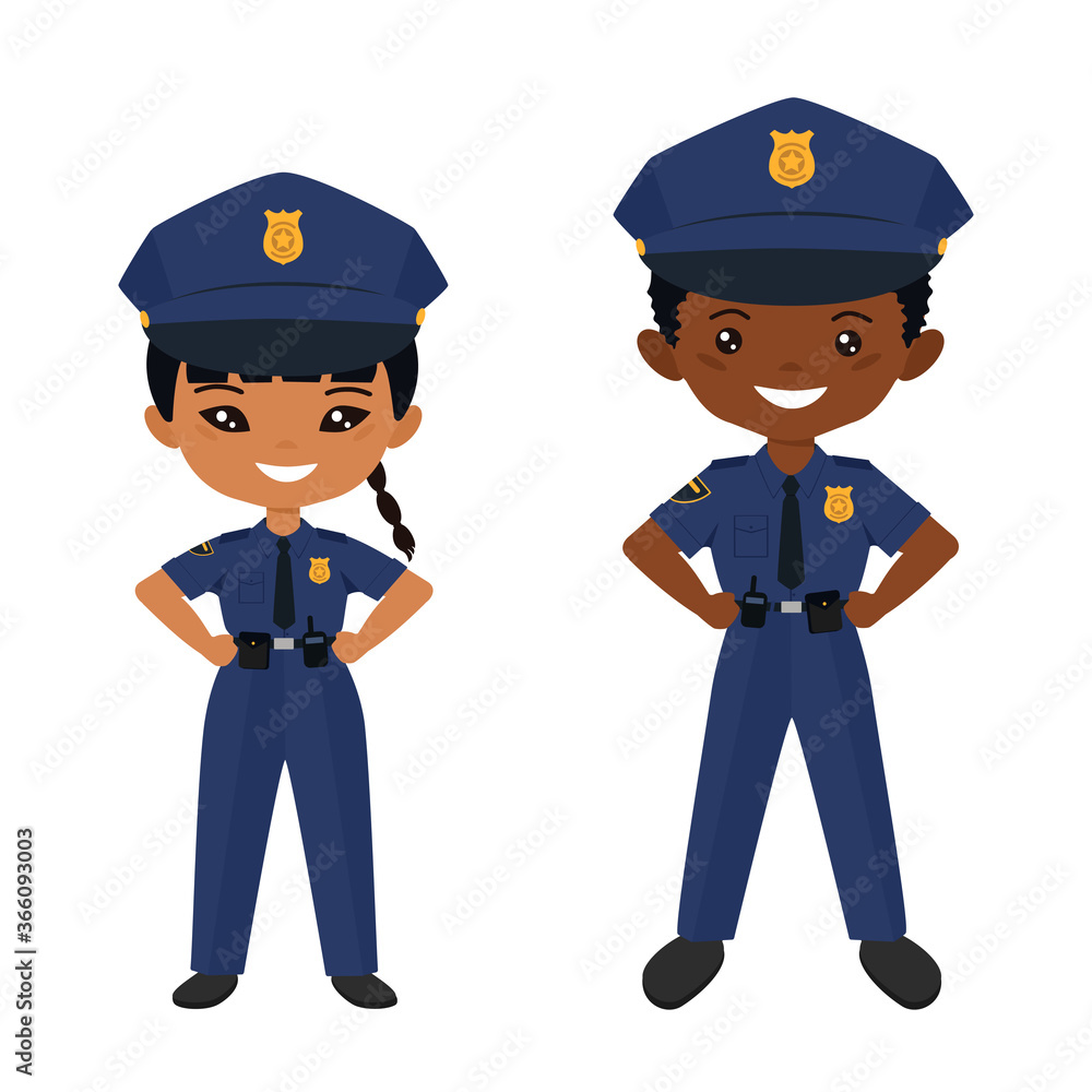 Cute chibi characters in police uniform. Professions for kids. Flat cartoon style