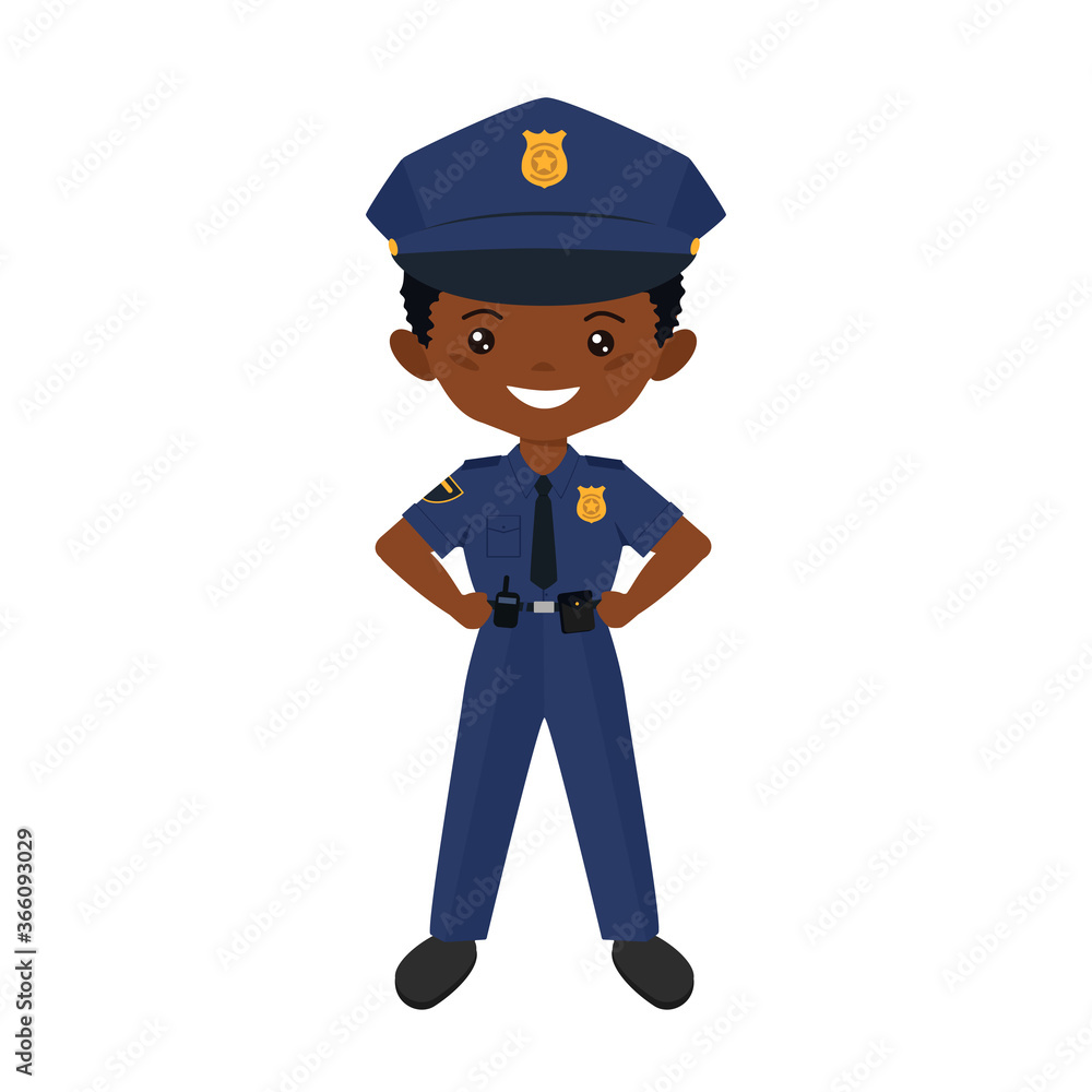 Chibi boy character in police uniform. Professions for children. Flat cartoon style