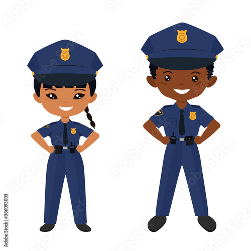 Cute chibi characters in police uniform. Professions for kids. Flat cartoon style