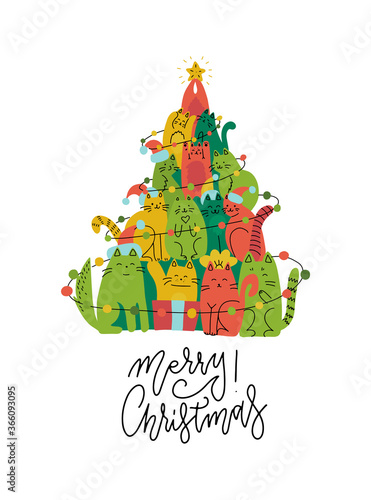 Cute green and red cats Christmas tree silhouette. Funny greeting card for pet lovers. Vector flat hand drawn illustration doodle. Stack of cats acting xmas tree. Line lettering - Merry Christmas