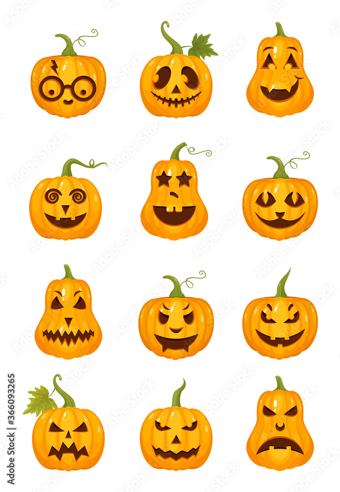 Vector set of halloween pumpkins with cute, happy, spooky, creepy and scary  faces. Cartoon Autumn Illustration in flat style. Pumpkin Icons for web  design, print, pattern, baner, kids concept. Thanksg Stock Vector