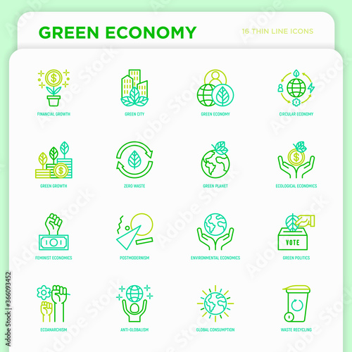 Green economy thin line icons set: financial growth, green city, zero waste, circular economy, green politics, anti-globalism, global consumption. Vector illustration for environmental issues.