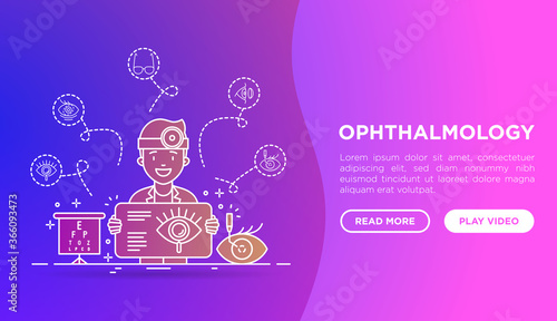 Ophthalmology concept. Doctor tells about laser eye surgery. Thin line icons: eye test, eye drops, contact lenses, cataract, astigmatism, phoropter, farsightedness. Vector illustration.