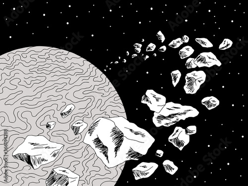 Outer space asteroid belt planet graphic black white sketch illustration vector