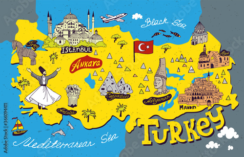 Illustrated cartoon map of Turkey. National and cultural landmarks. Souvenir merch