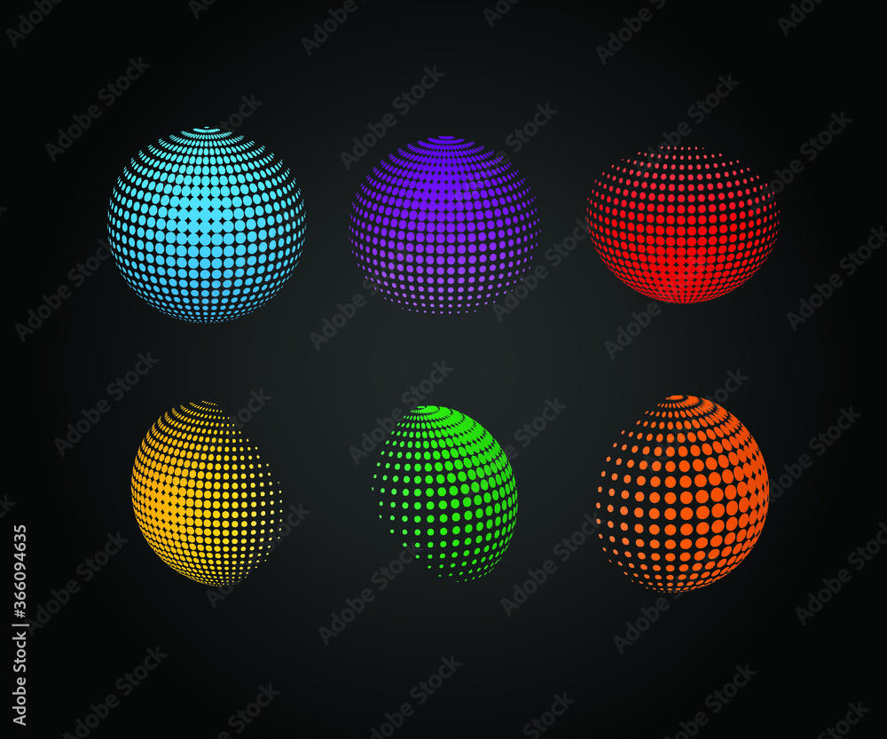 Abstract globe dotted sphere, 3d halftone dot effect. White color, black background. Vector illustration.