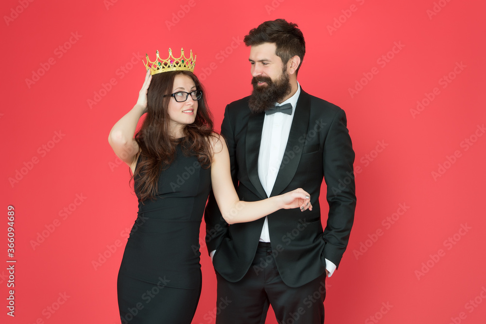 Prom party. Holiday celebration. Achievement. Pride and glory. Luxury success symbol. Party night. Promotion and reward. Prom queen. Bearded man sexy girl. Royal party. Prom couple in formal style