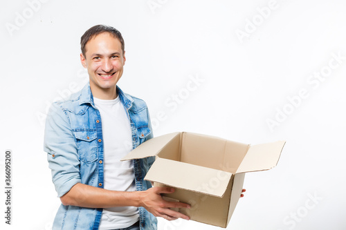 man carries the box, isolated, white background