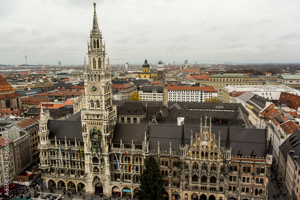 Fototapeta premium Aerial view of the New Town Hall Rathaus and the Frauenkirche in the Altstadt of Munich, Germany. October 2014
