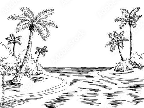 Archipelago island sea coast graphic beach black white landscape sketch illustration vector