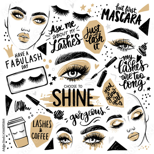 Golden Makeup set with woman portrait, girl faces, eyes with lashes, mascara, eyeshadow, brows and quotes about cosmetic.