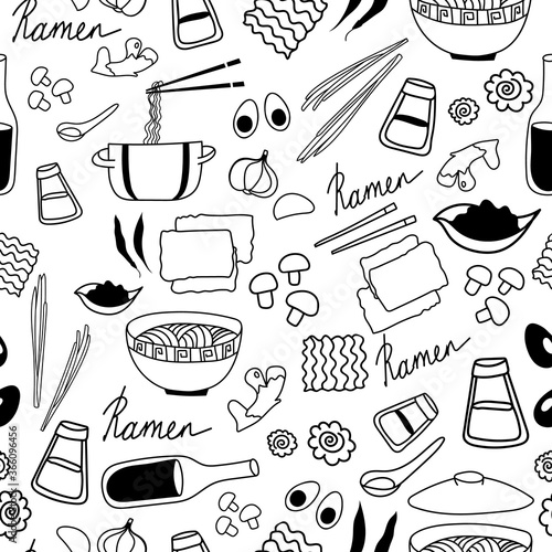 Ramen pattern in Doodle style. Hand-drawn ingredients for Chinese egg noodles. Sketch of items and products for cooking. Asian cuisine. Black and white illustration isolated on a white background.