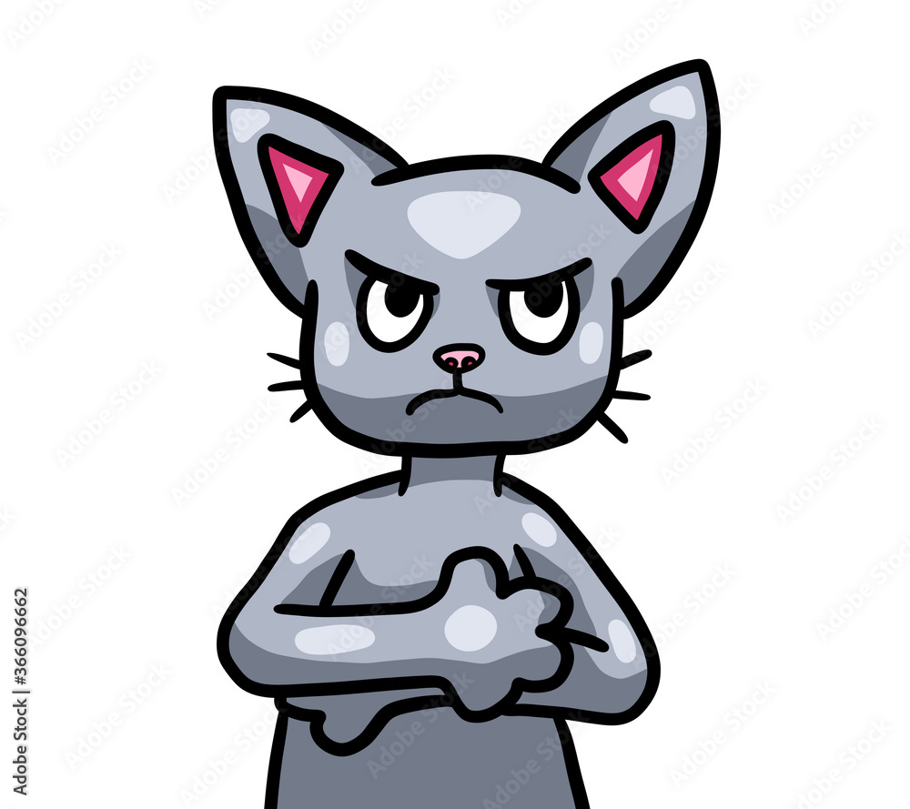 Obraz premium Cartoon Stylized Cute Grumpy Grey Cat