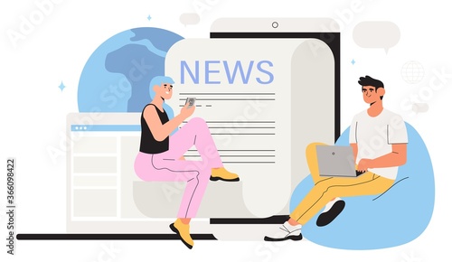 Reading latest or hot news online on smartphone or laptop. Modern business young men and women use news application on mobile phones and laptop. Flat design vector graphic style illustration.