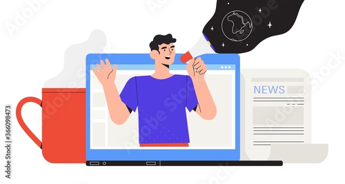 Man with loud speaker share latest or hot news online on laptop screen. use Breake for news during working day. Flat design vector graphic style illustration for banner, sites, apps.