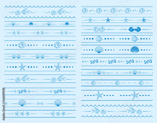 seamless borders with sea starfish and shells and fish - vector set