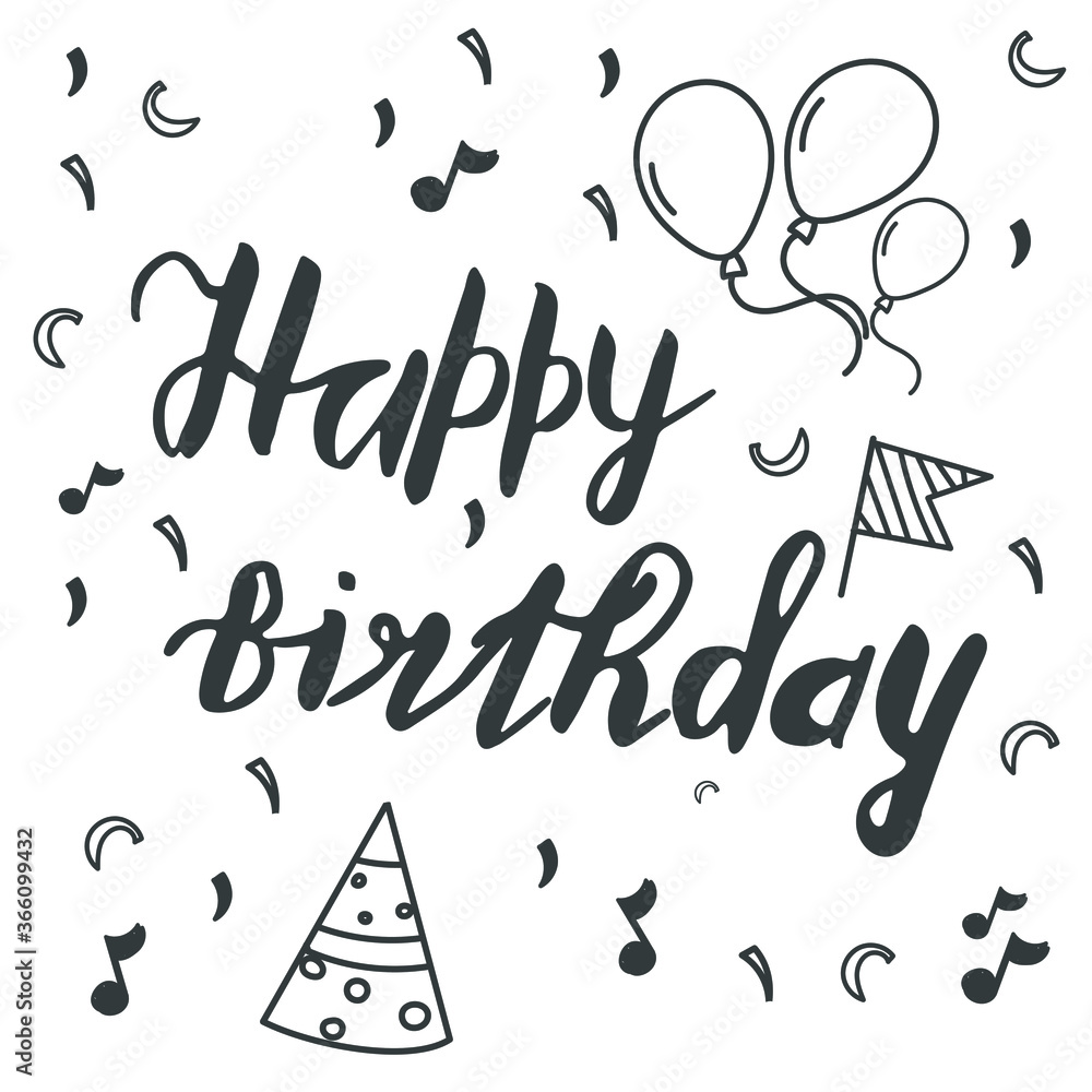 Happy birthday lettering background with vintage illustrations, air balloons and confetti