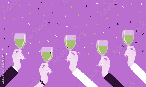 Hands holding drinks for happy festive cheers. Bright anniversary celebration, birthday party, wedding or corporate event gathering, good wishes before drinking. Vector creative stylized illustration