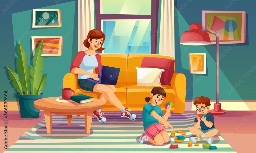 Mother children spend summer weekend time together at cozy home living room. Loving mom freelancer working remotely sitting on couch. Children playing together on carpet. Work, rest and relax Mother children spend summer weekend time together at cozy home living room. Loving mom freelancer working remotely sitting on couch. Children playing together on carpet. Work, rest and relax