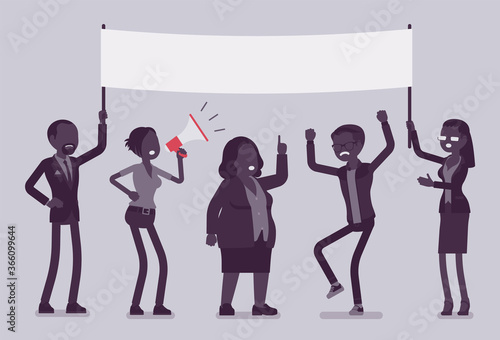 Strike demonstration mass group with banner. Social active gathering, crowd of people meeting for public picketing, political campaign for workers or business. Vector creative stylized illustration