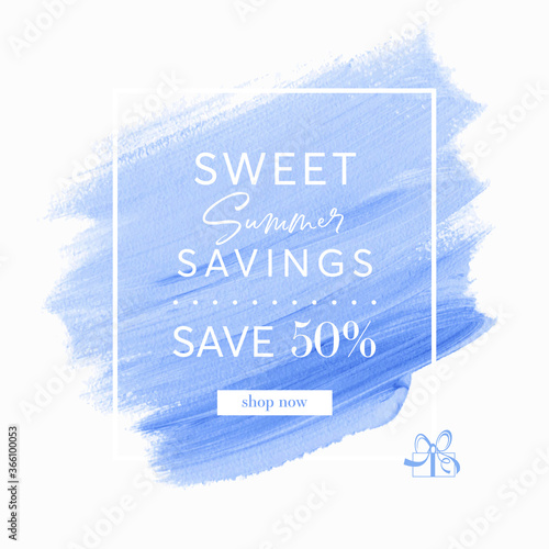 Summer Sale 50% off sign over blue watercolor art brush stroke paint abstract background vector. Perfect acrylic design for a shop banner.