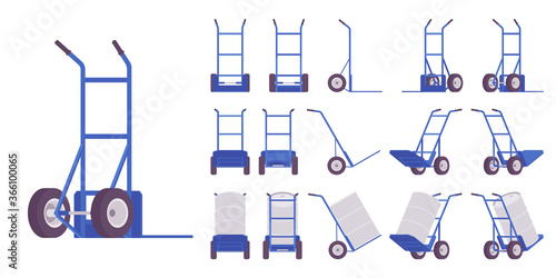 Hand truck blue set with barrel. Industrial tool for manual moving boxes or unloading cargo, heavy lifting, easy transport service and storage. Vector flat style cartoon illustration, different views