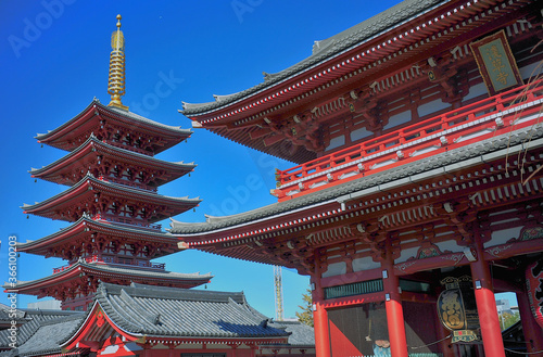 A traditional Japanese temple and pagoda in central Tokyo.