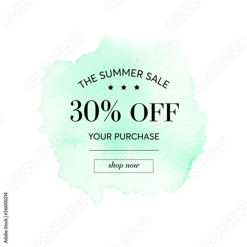Summer Sale 30% off sign over mint green  watercolor art paint abstract background vector. 