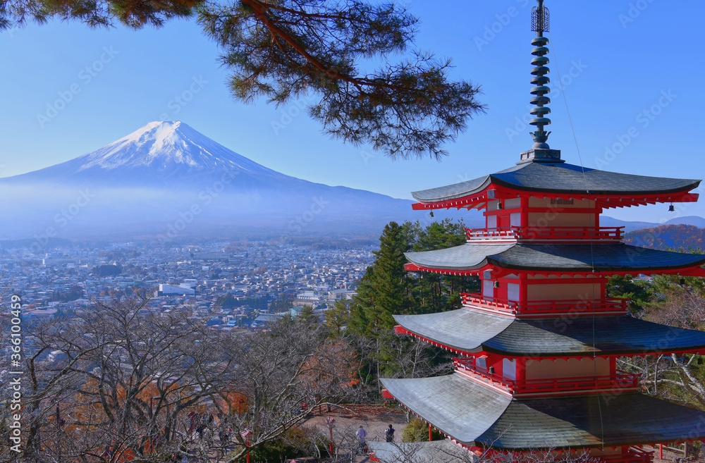 Wonderful Chureito Pagoda with fantastic view on mount Fuji. Impressive and magnificent view on mount Fuji in Japan. 