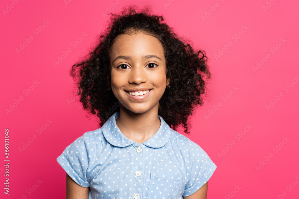 smiling cute curly african american kid isolated on pink smiling cute curly african american kid isolated on pink