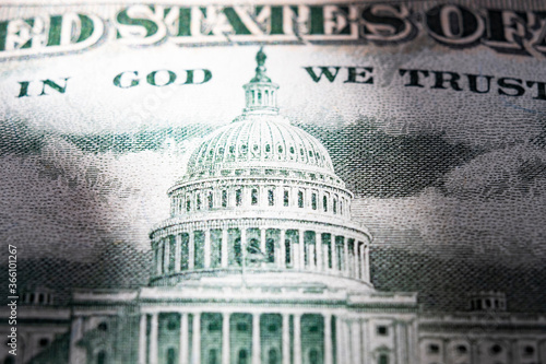 Us capitol on 50 dollar bill extreme close up