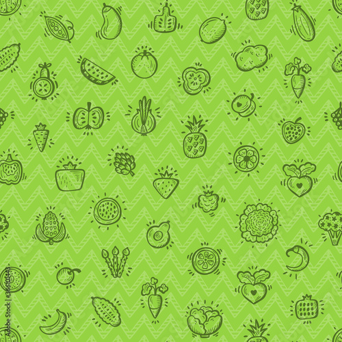 Food Seamless pattern. Set of Doodle Fruits, Vegetables and Berries Icons Vector repeating background
