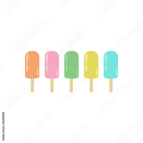 Ice cream Ice fruity lollys frozen popsicles wood stick logo icon sign Colorful raindow cartoon design style Fashion print clothes apparel greeting invitation card cover banner poster flyer gift