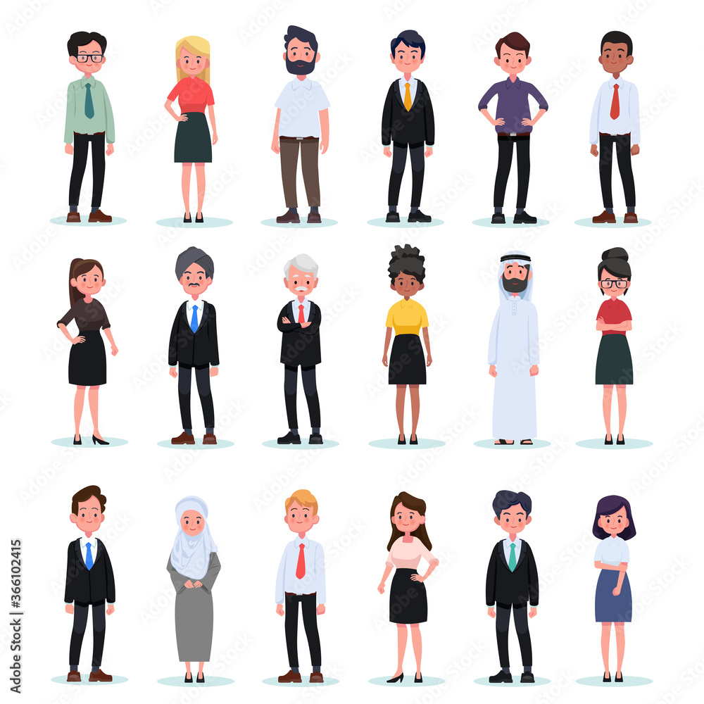 Group of working people diversity, diverse business men and business women standing on white background. Vector illustration of flat design people characters Group of working people diversity, diverse business men and business women standing on white background. Vector illustration of flat design people characters