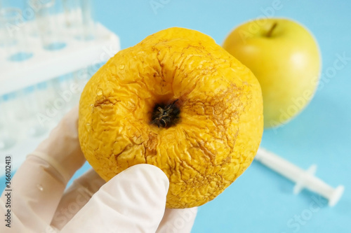 apple in genetic engineering laboratory with syringe and test tubes on blue background, gmo food concept