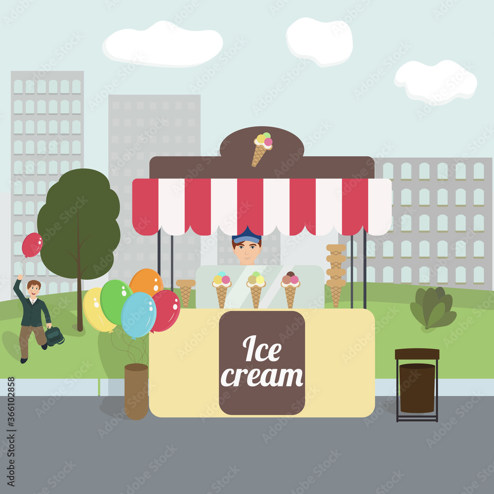 Ice cream shop vector illustration. Man selling ice cream at an ice