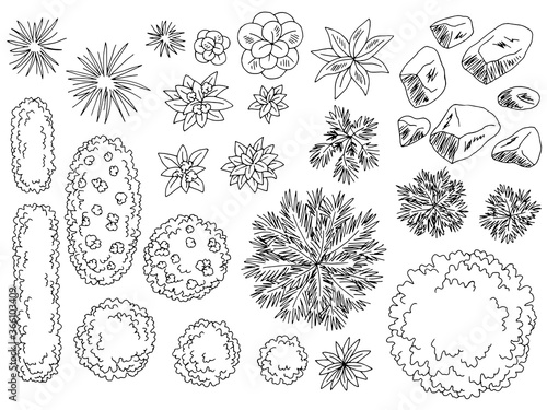Landscape architect design element set graphic black white top sketch aerial view illustration vector