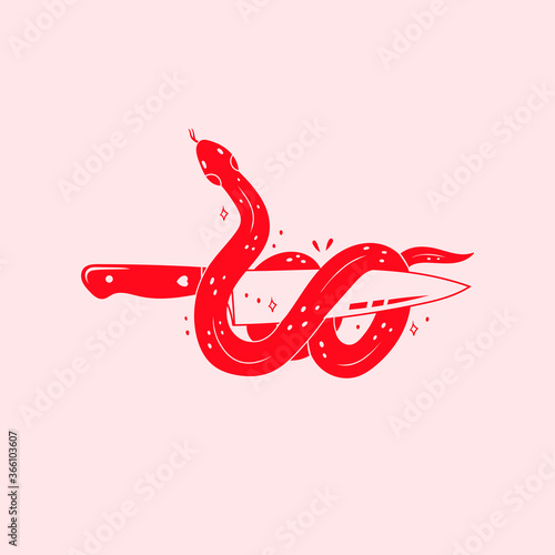 Snake wrapped around chief's knife. Abstract Hand drawn Vector trendy illustration. Cool simple design. Minimalistic style. Tattoo or print idea. Logo template