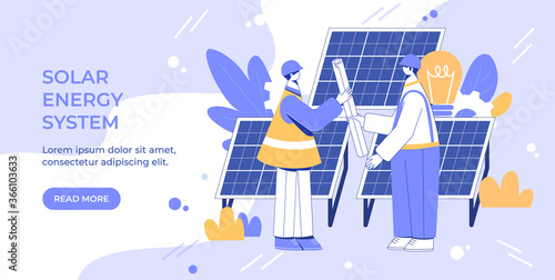 Alternative energy engineering concept. Workers with solar panels.