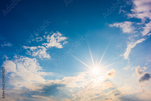 Summer background, wonderful blue sky with bright sun and clouds