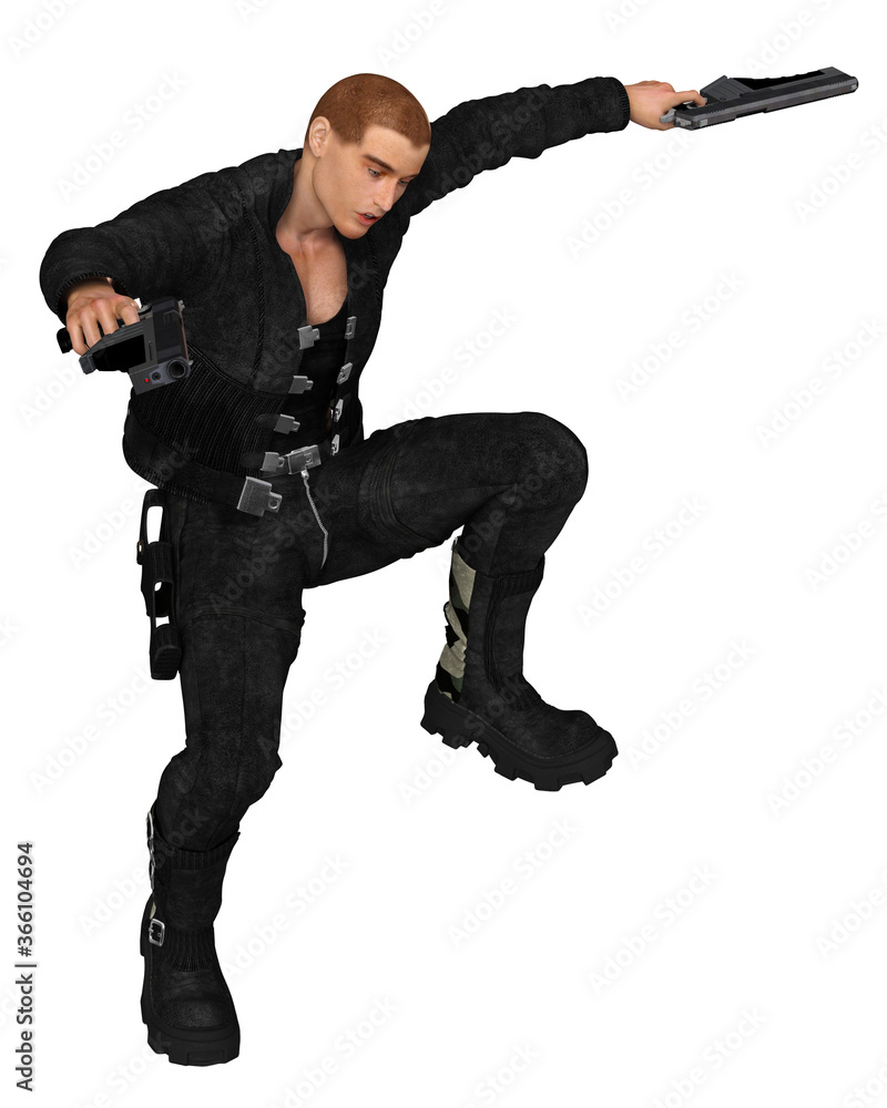 Illustration of a futuristic male soldier of fortune leaping with two guns, 3d digitally rendered illustration Illustration of a futuristic male soldier of fortune leaping with two guns, 3d digitally rendered illustration