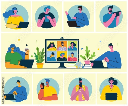 Webinar online concept illustration. People use video chat on desktop and laptop to make conference. Work remotely from home. Flat modern vector illustration.