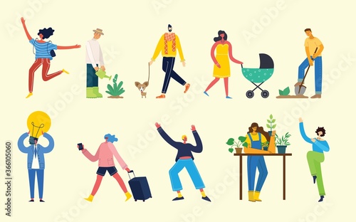 Vector illustration background in flat design of group people doing different activity