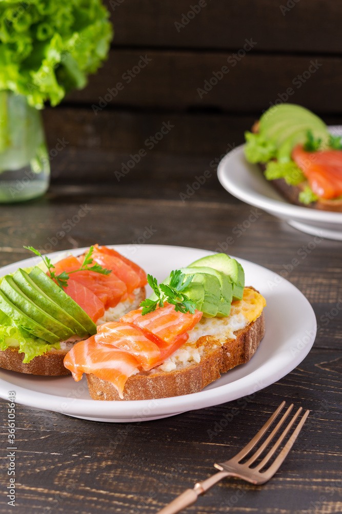 Different delicious sandwiches for breakfast, bread with cheese, avocado and trout, sandwich with egg and parsley Different delicious sandwiches for breakfast, bread with cheese, avocado and trout, sandwich with egg and parsley