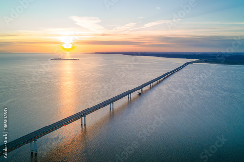 Sunrise over Volga river and President bridge in Ulyanovsk  Russia aerial view