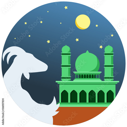 Eid al-Adha Drawing in a Circle with Goat and Masjid at Starry Night
