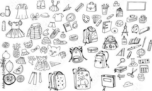  School set doodle. Graphic black and white illustration vector hand-drawn. Doodle style  sketch  vintage. Subjects for training.